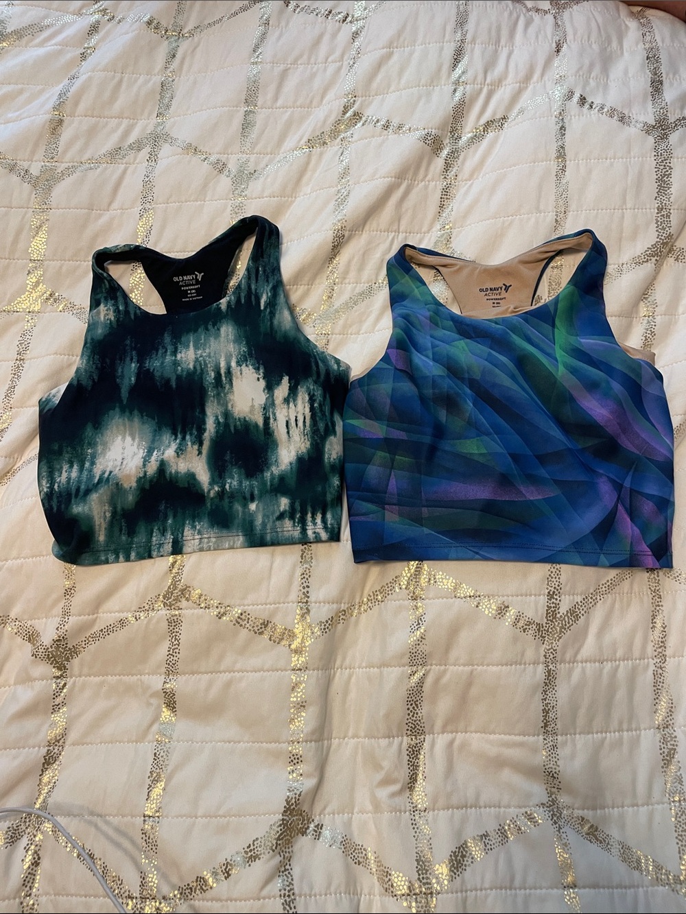 Old Navy Women's Teal & Blue Patterned Racerback Sports Crop Tops (Set of 2)